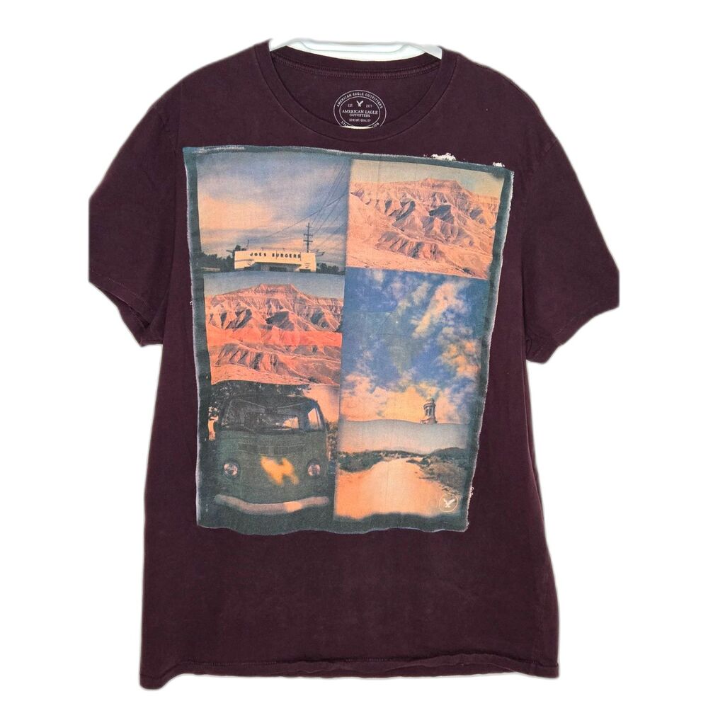 American Eagle Road Trip Photo Collage Tee | Men's Size XL Athletic Fit | Maroon